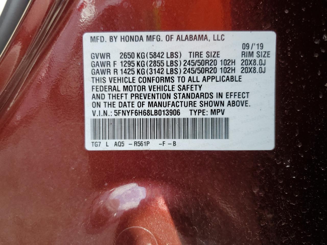 2020 Honda Pilot Touring VIN: 5FNYF6H68LB013906 Lot: 74037064