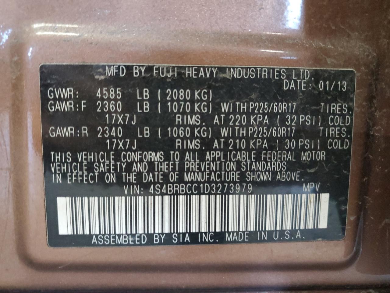 2013 Subaru Outback 2.5I Premium VIN: 4S4BRBCC1D3273979 Lot: 75995934