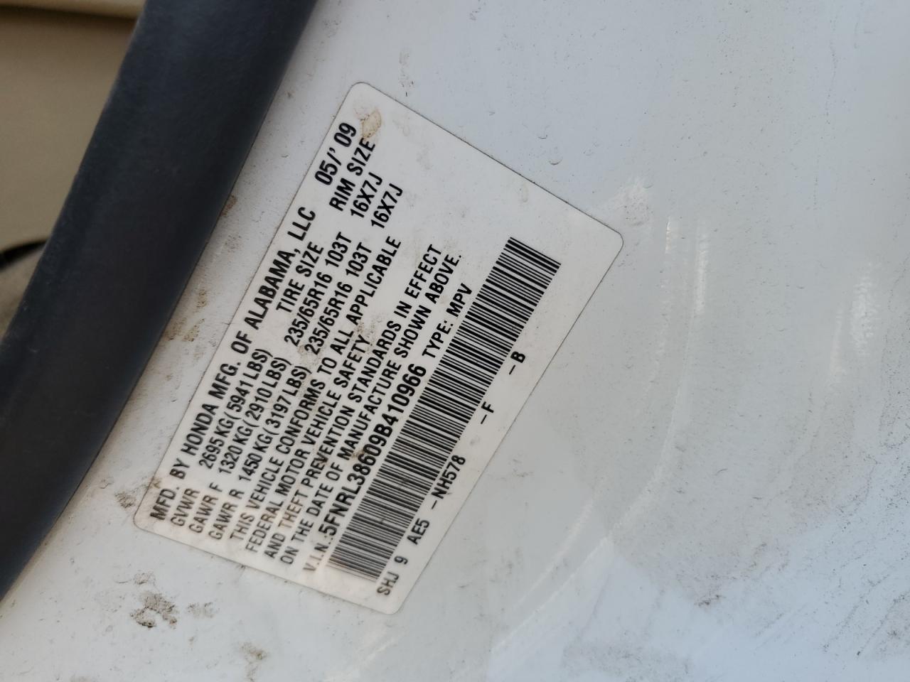 5FNRL38609B410966 2009 Honda Odyssey Exl