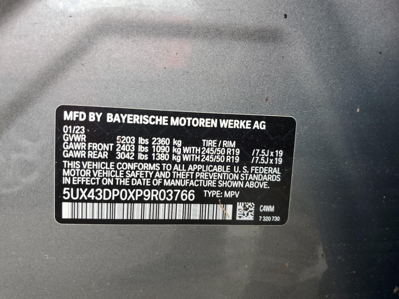 2023 BMW X3 Sdrive30I VIN: 5UX43DP0XP9R03766 Lot: 74399784