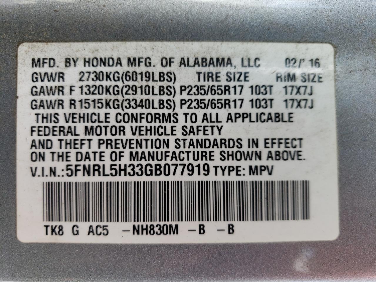 2016 Honda Odyssey Se VIN: 5FNRL5H33GB077919 Lot: 77663604