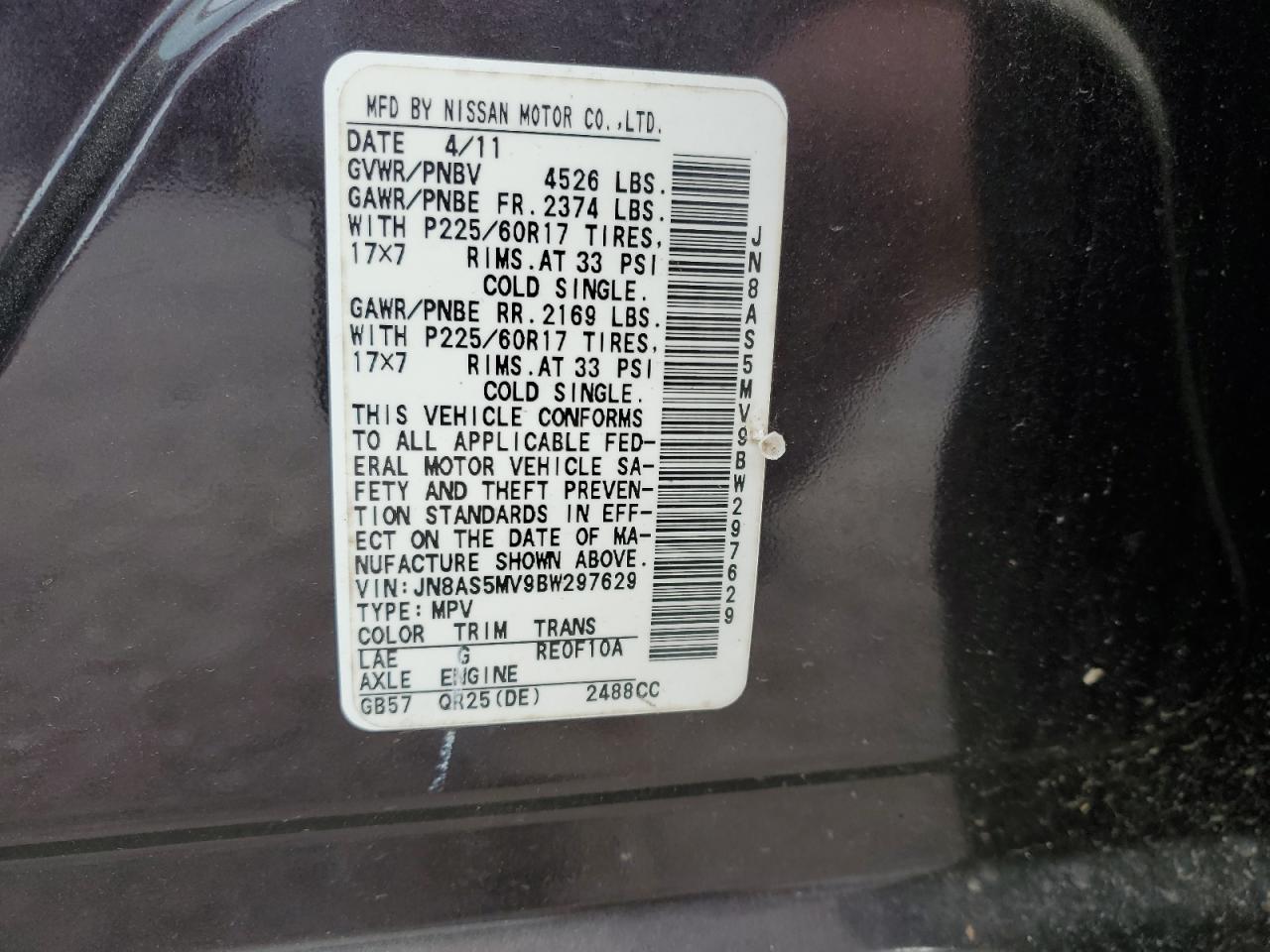 2011 Nissan Rogue S VIN: JN8AS5MV9BW297629 Lot: 76117324