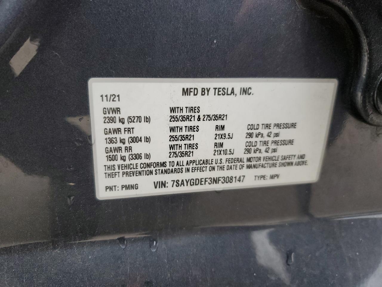 7SAYGDEF3NF308147 2022 Tesla Model Y