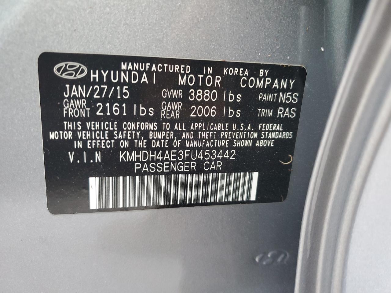 2015 Hyundai Elantra Se VIN: KMHDH4AE3FU453442 Lot: 76277214