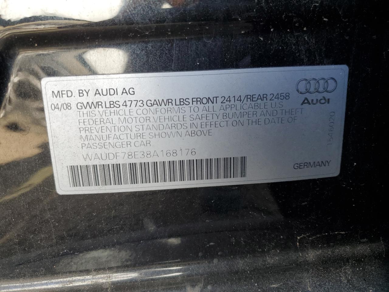 2008 Audi A4 2.0T Quattro VIN: WAUDF78E38A168176 Lot: 76182684