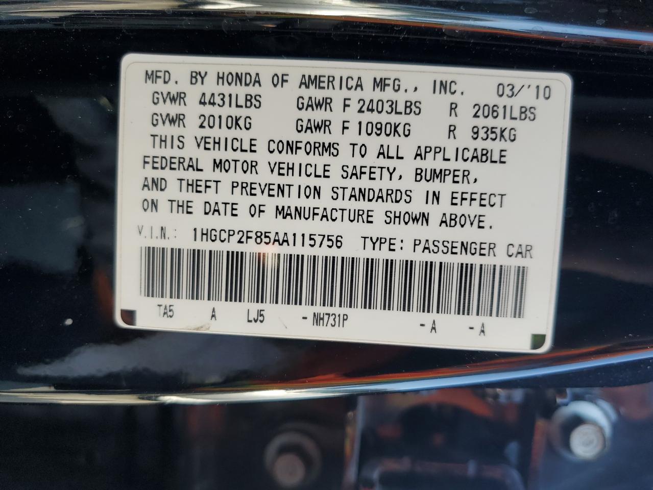 1HGCP2F85AA115756 2010 Honda Accord Exl