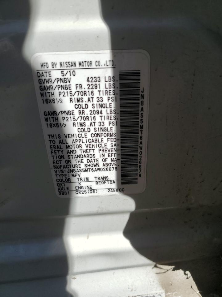 2010 Nissan Rogue S VIN: JN8AS5MT6AW026878 Lot: 77385714