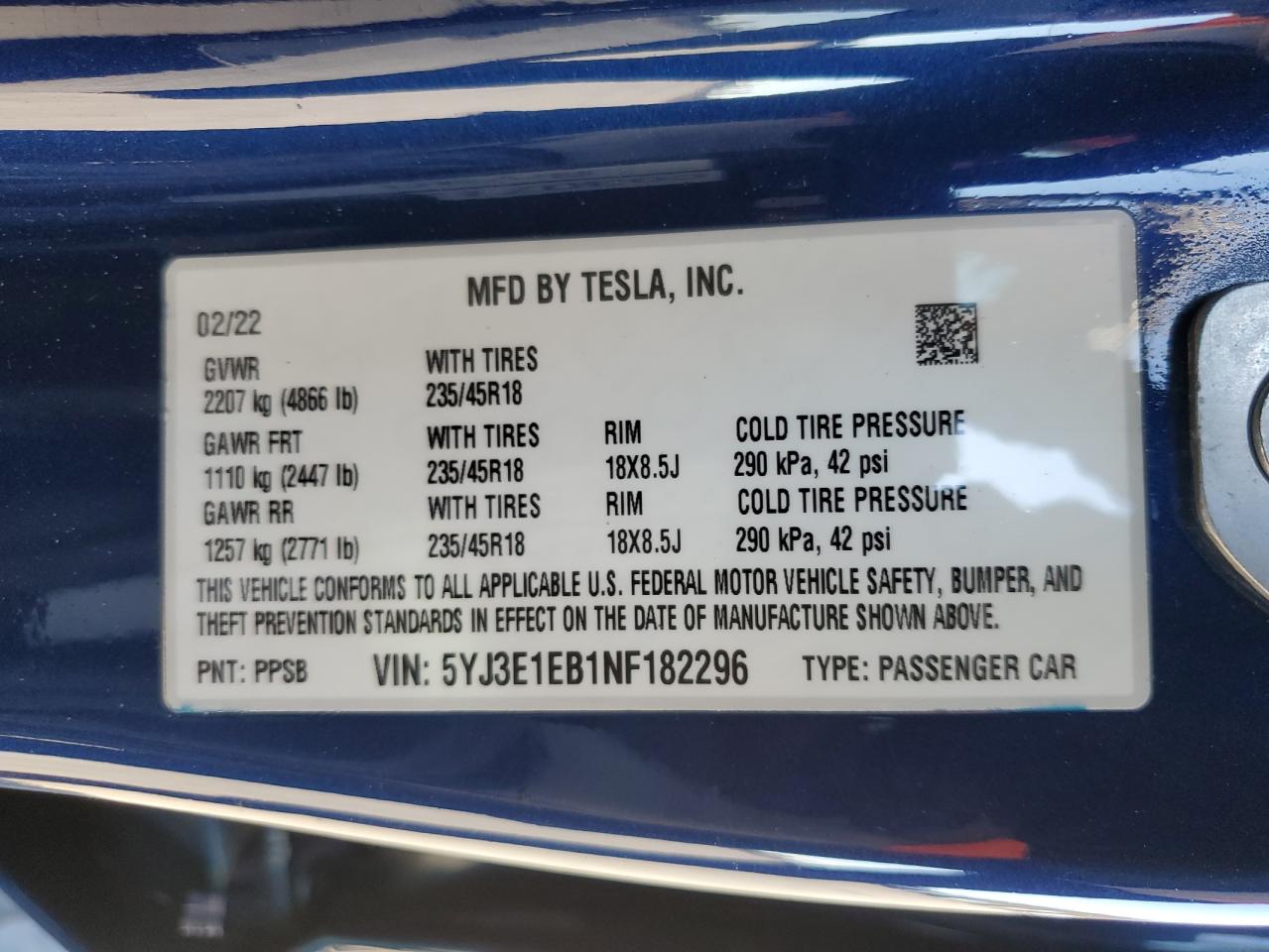 5YJ3E1EB1NF182296 2022 Tesla Model 3