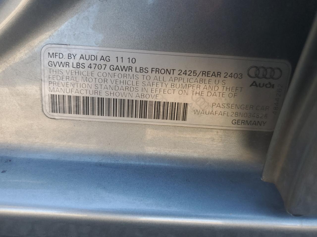 WAUAFAFL2BN034826 2011 Audi A4 Premium