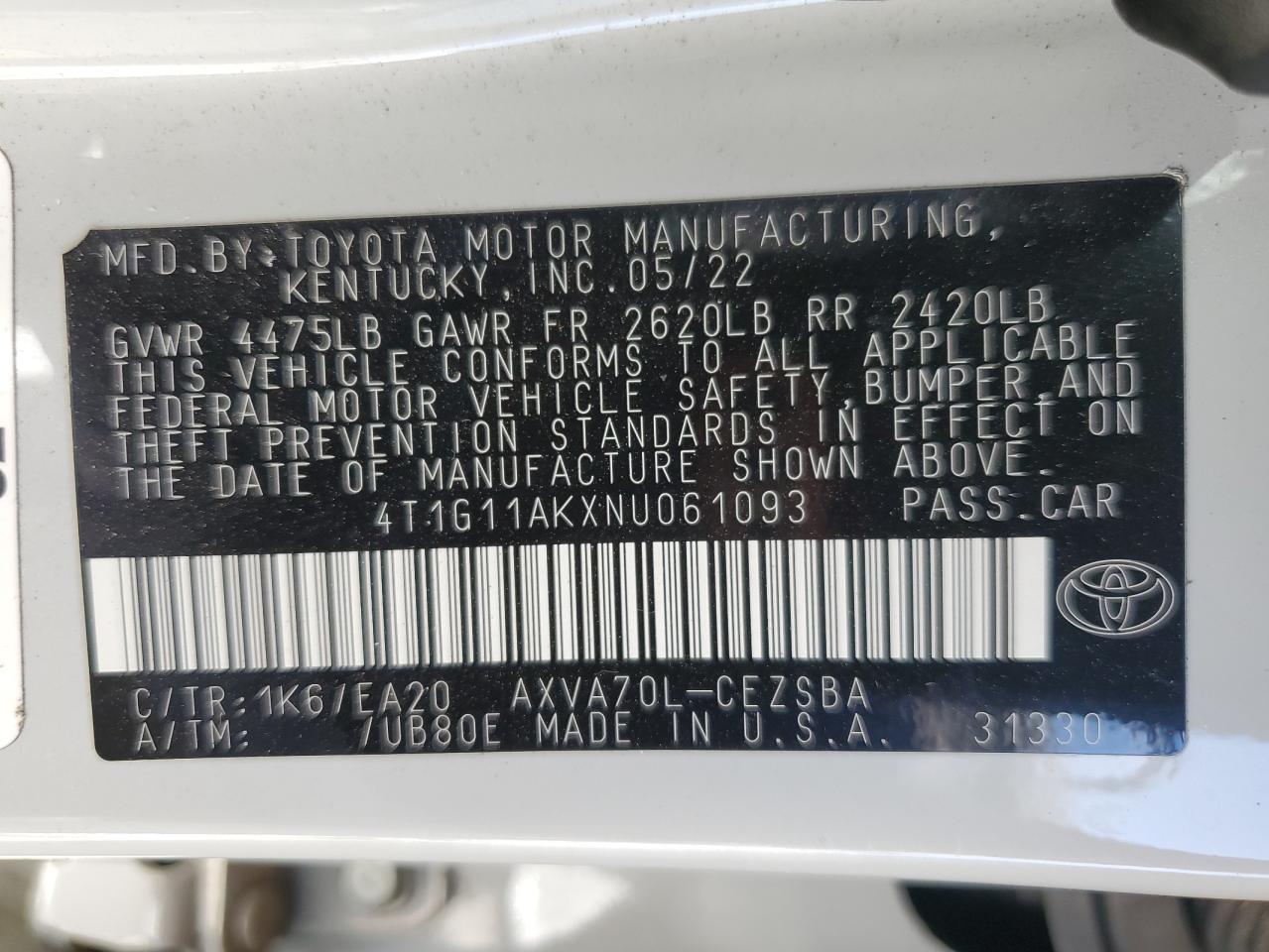 4T1G11AKXNU061093 2022 Toyota Camry Se