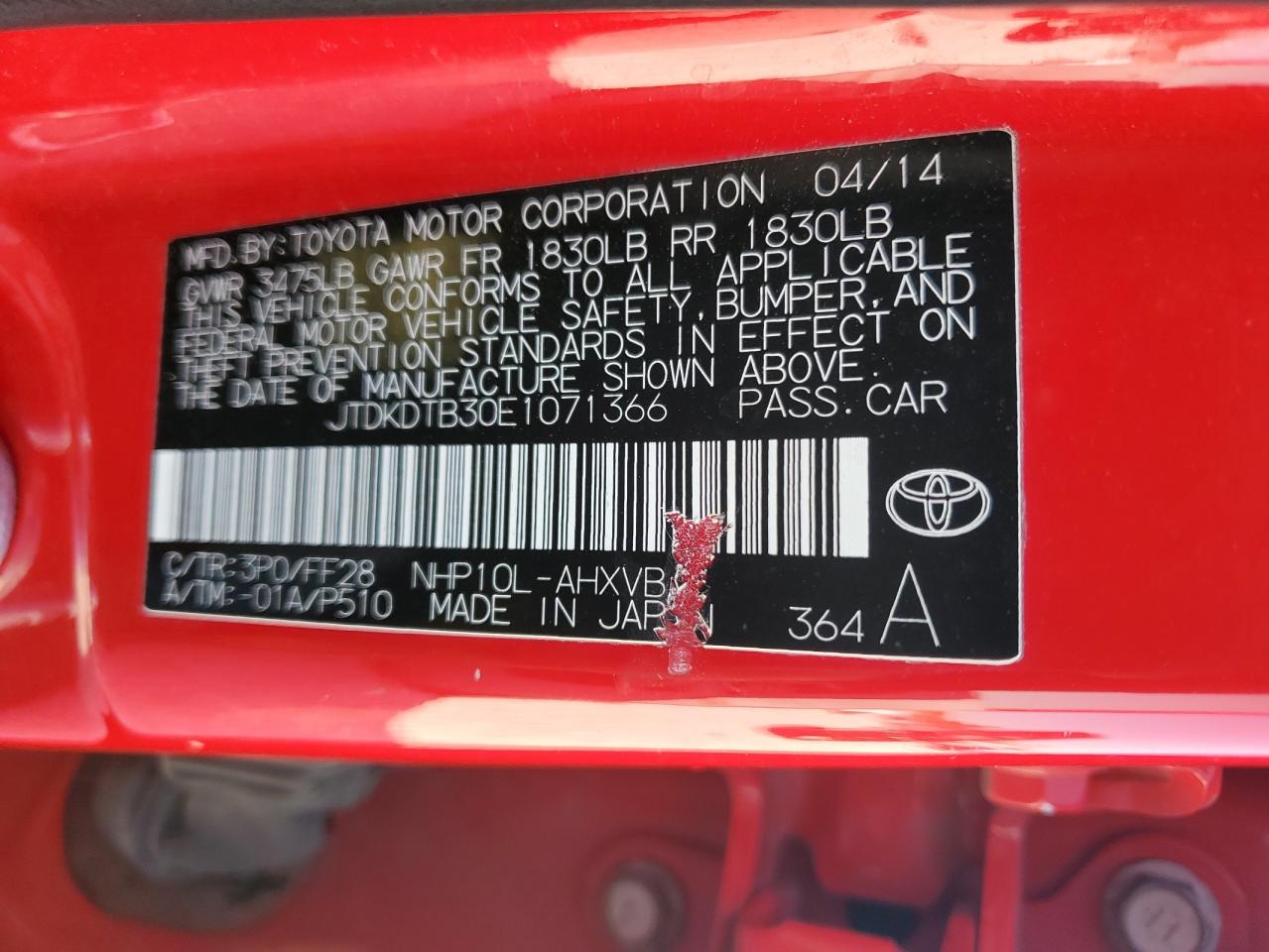 JTDKDTB30E1071366 2014 Toyota Prius C