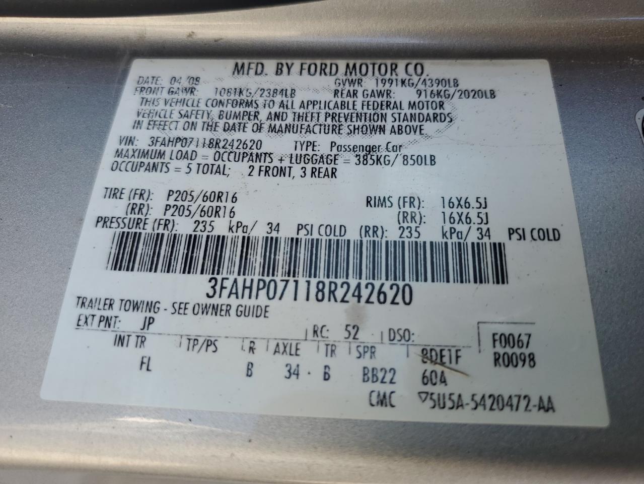 3FAHP07118R242620 2008 Ford Fusion Se