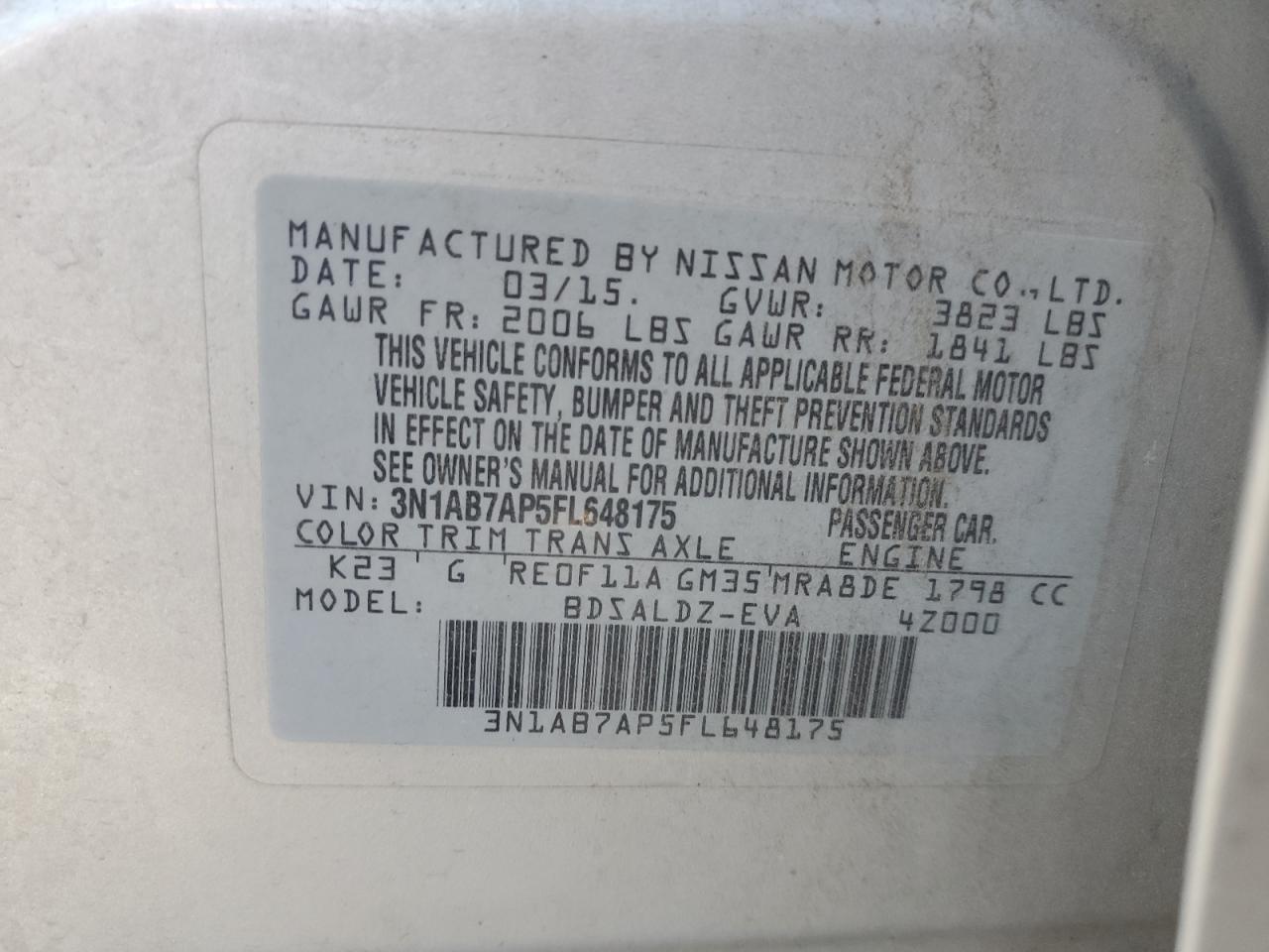 3N1AB7AP5FL648175 2015 Nissan Sentra S