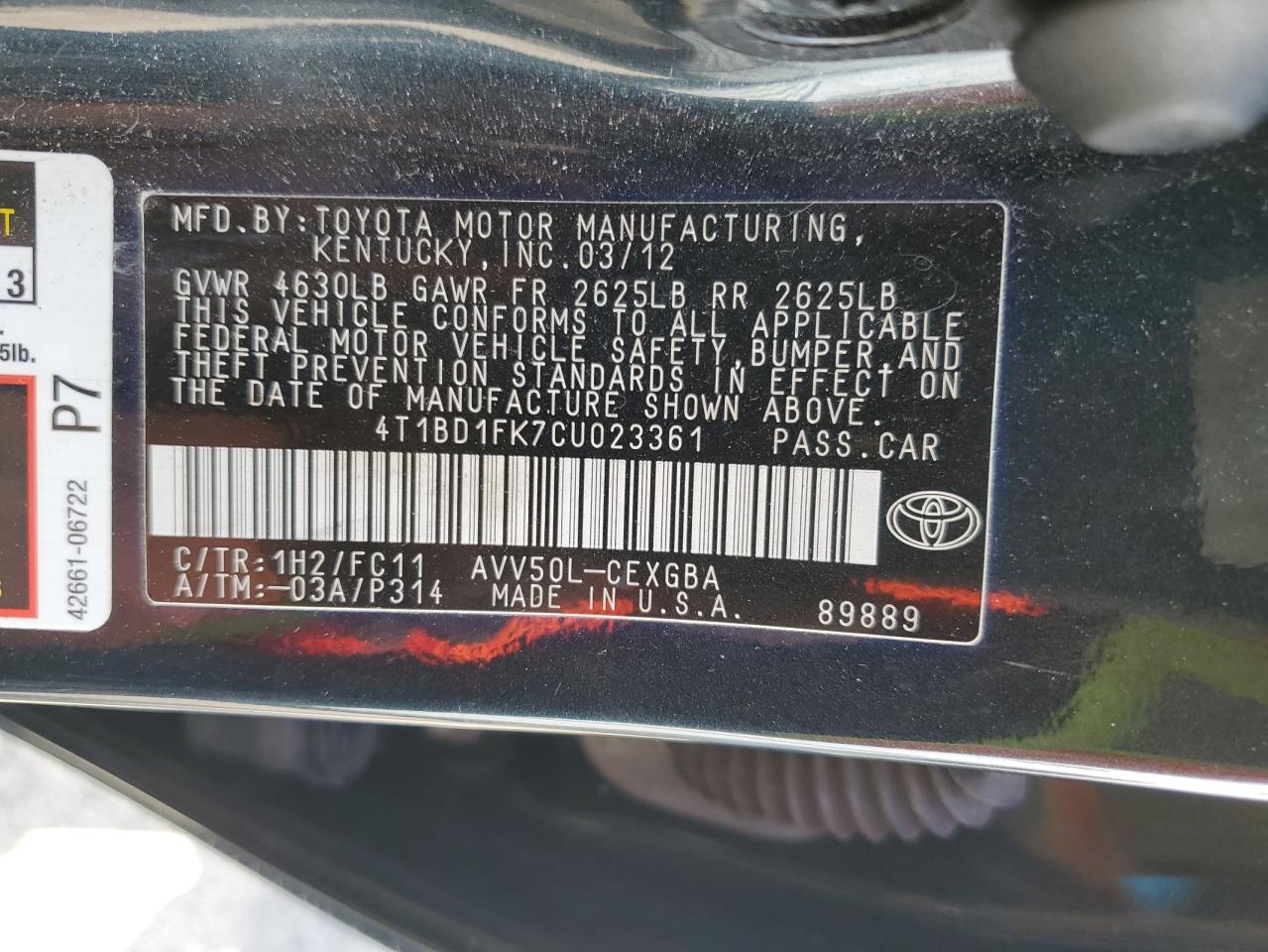 4T1BD1FK7CU023361 2012 Toyota Camry Hybrid