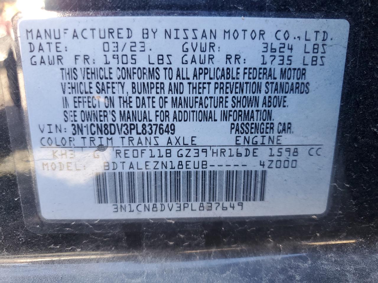 2023 Nissan Versa S VIN: 3N1CN8DV3PL837649 Lot: 76678144