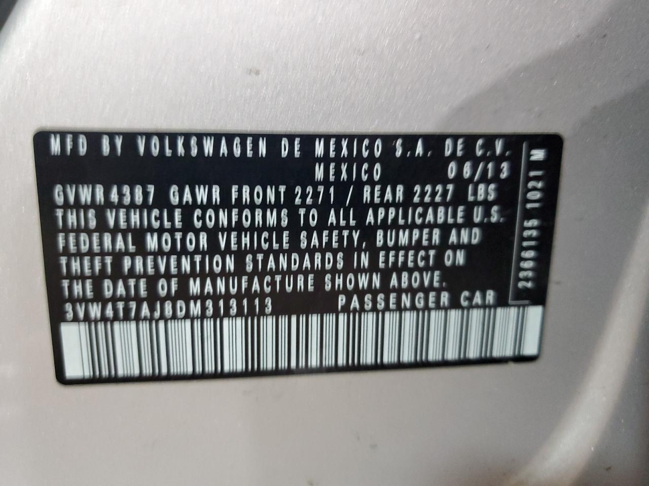 2013 Volkswagen Jetta Gli VIN: 3VW4T7AJ8DM313113 Lot: 74121974