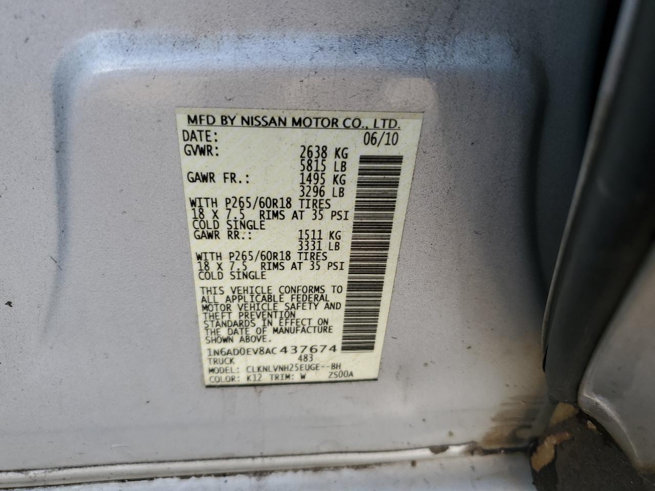 1N6AD0EV8AC437674 2010 Nissan Frontier Crew Cab Se