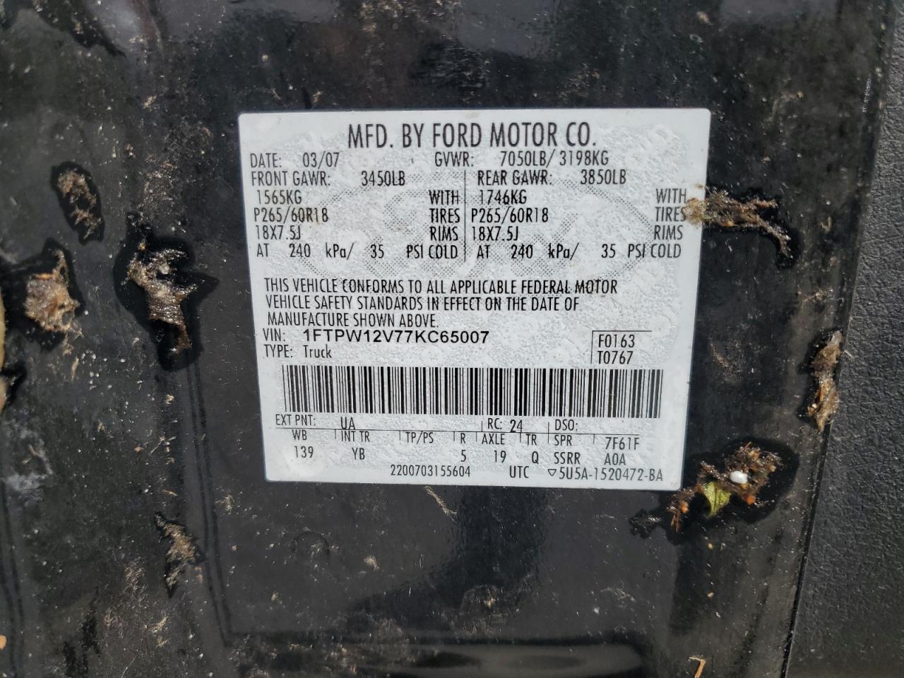 2007 Ford F150 Supercrew VIN: 1FTPW12V77KC65007 Lot: 93279415