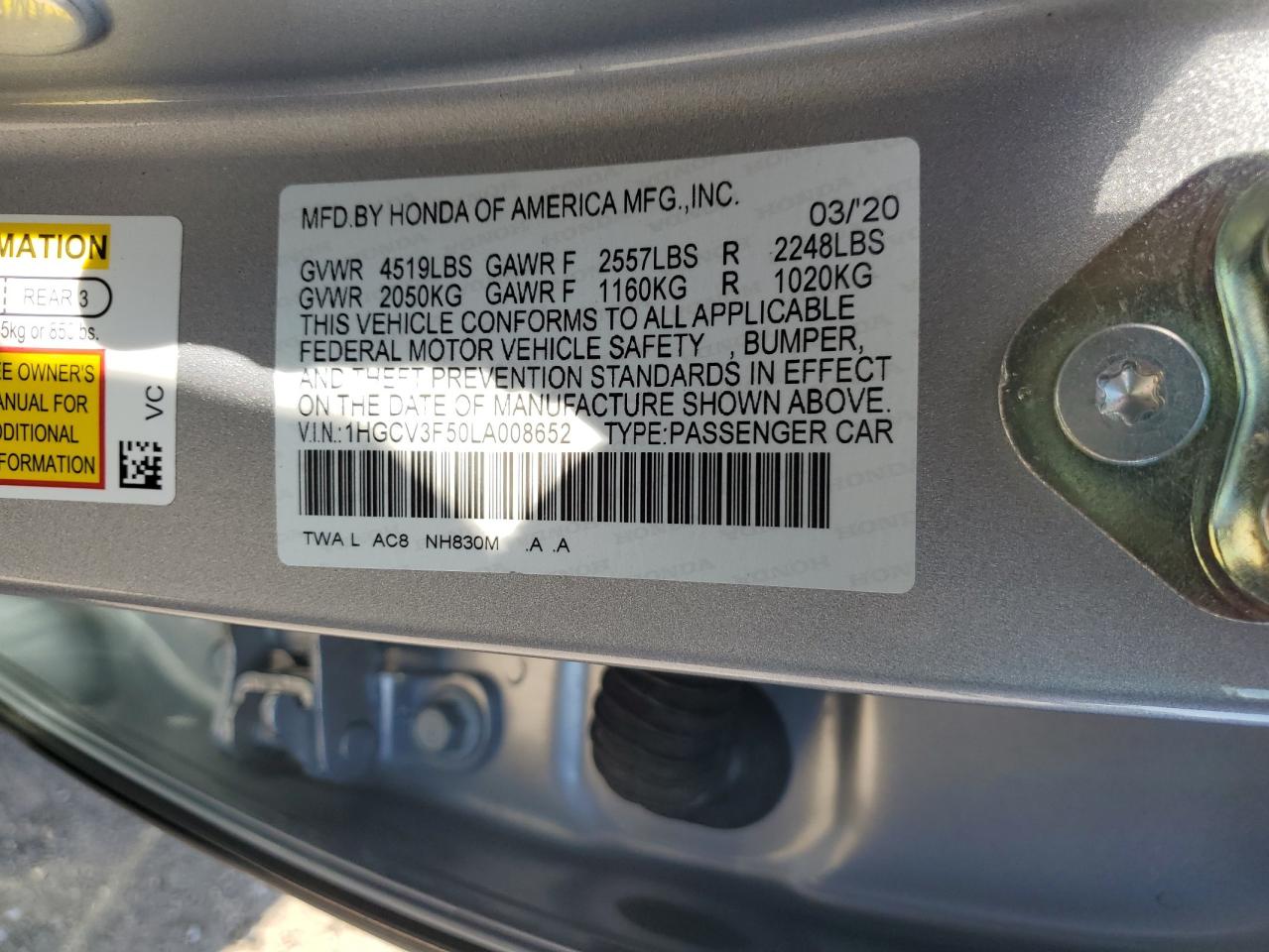 1HGCV3F50LA008652 2020 Honda Accord Hybrid Exl