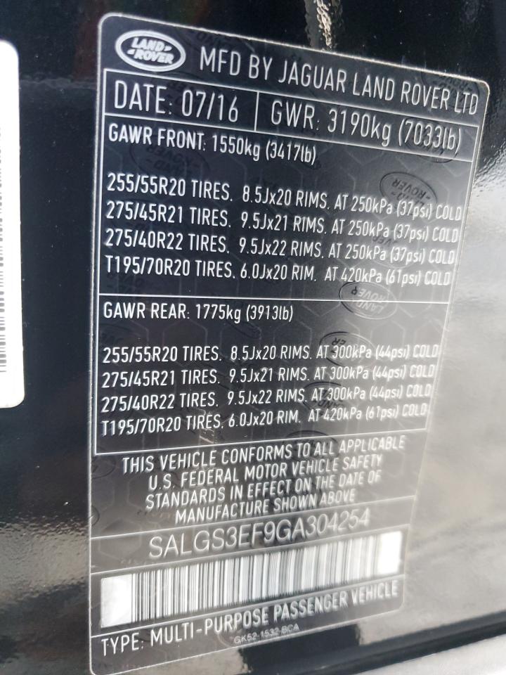 2016 Land Rover Range Rover Supercharged VIN: SALGS3EF9GA304254 Lot: 74723074
