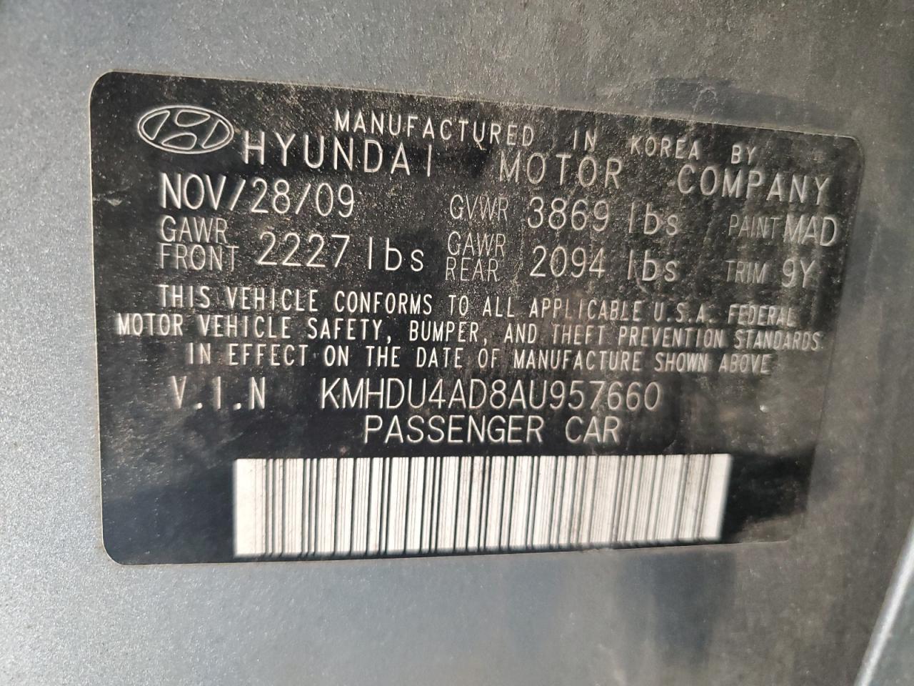 KMHDU4AD8AU957660 2010 Hyundai Elantra Blue