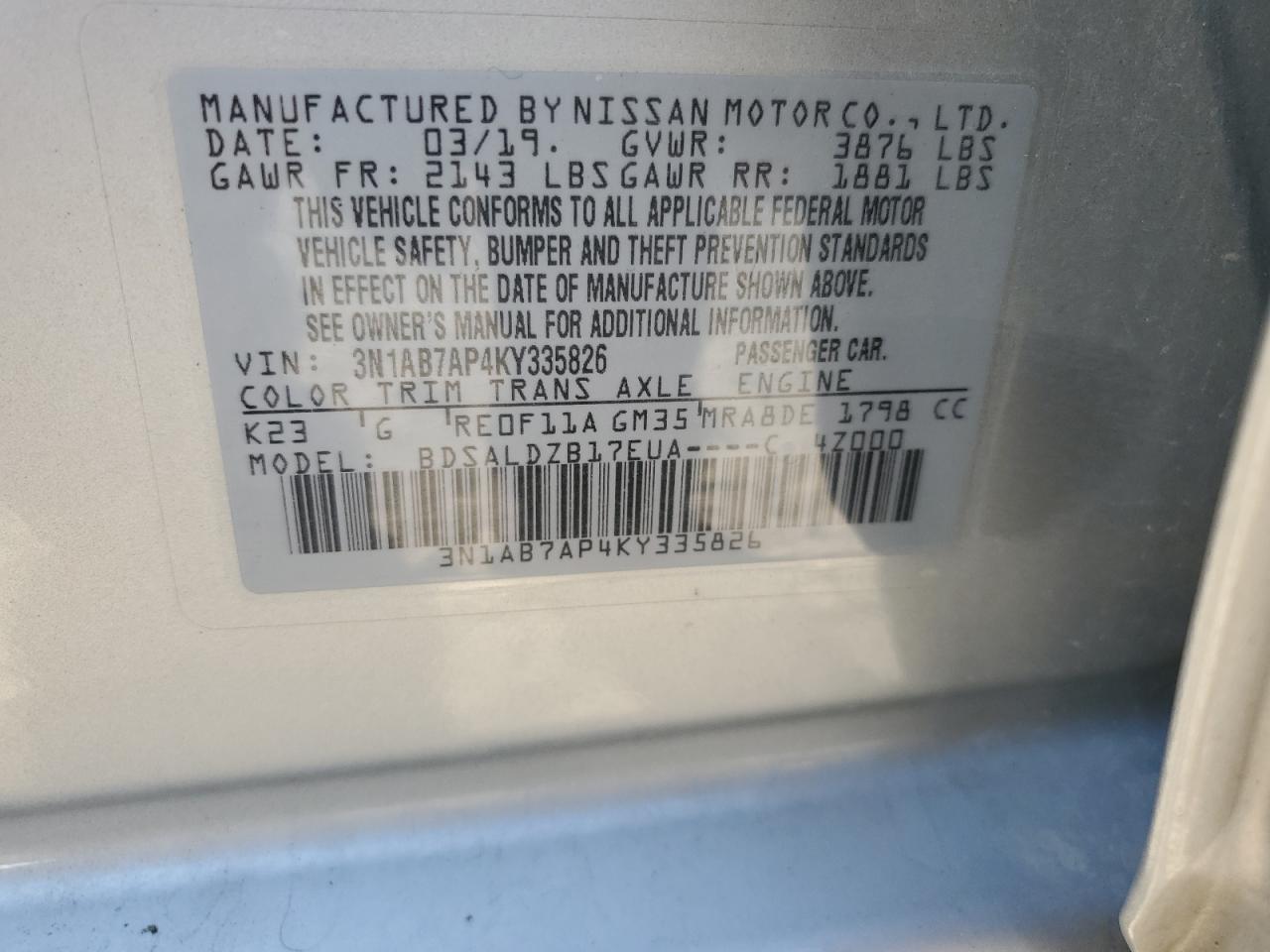 3N1AB7AP4KY335826 2019 Nissan Sentra S