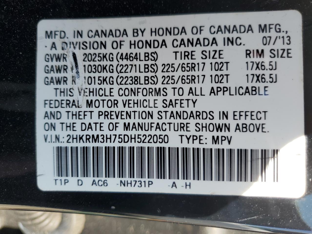 2HKRM3H75DH522050 2013 Honda Cr-V Exl