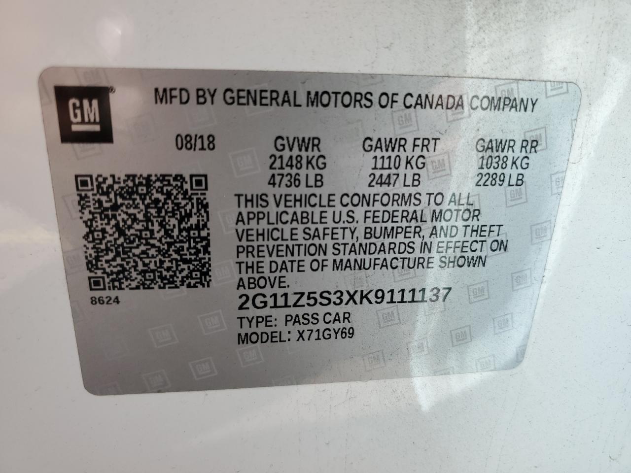 2G11Z5S3XK9111137 2019 Chevrolet Impala Lt