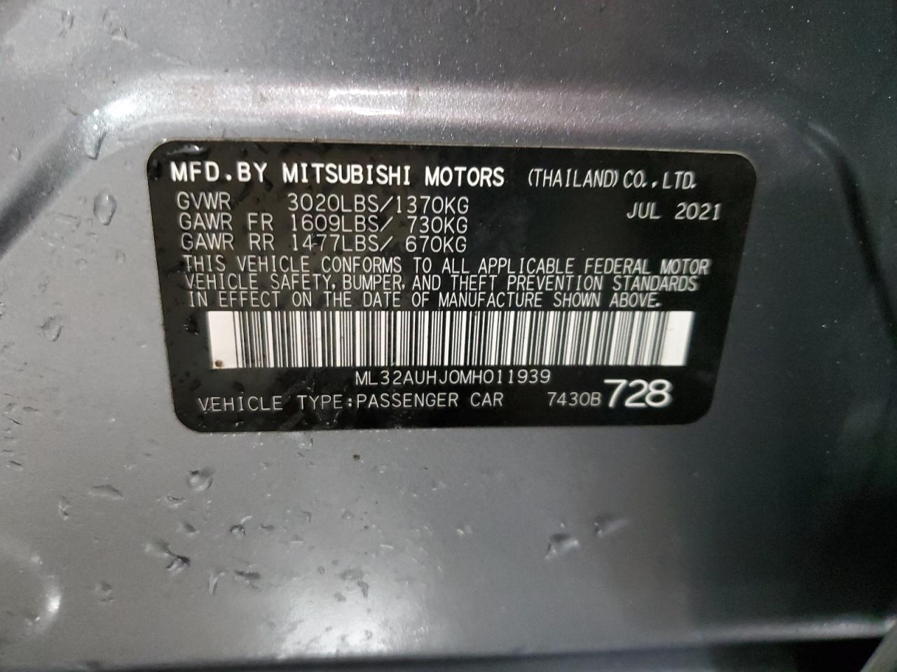 2021 Mitsubishi Mirage Es VIN: ML32AUHJ0MH011939 Lot: 74949024