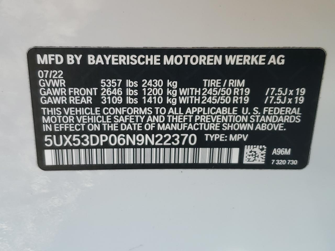 2022 BMW X3 xDrive30I VIN: 5UX53DP06N9N22370 Lot: 77820974