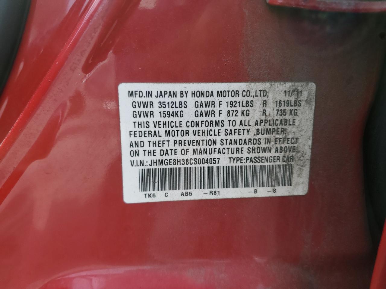 JHMGE8H38CS004057 2012 Honda Fit