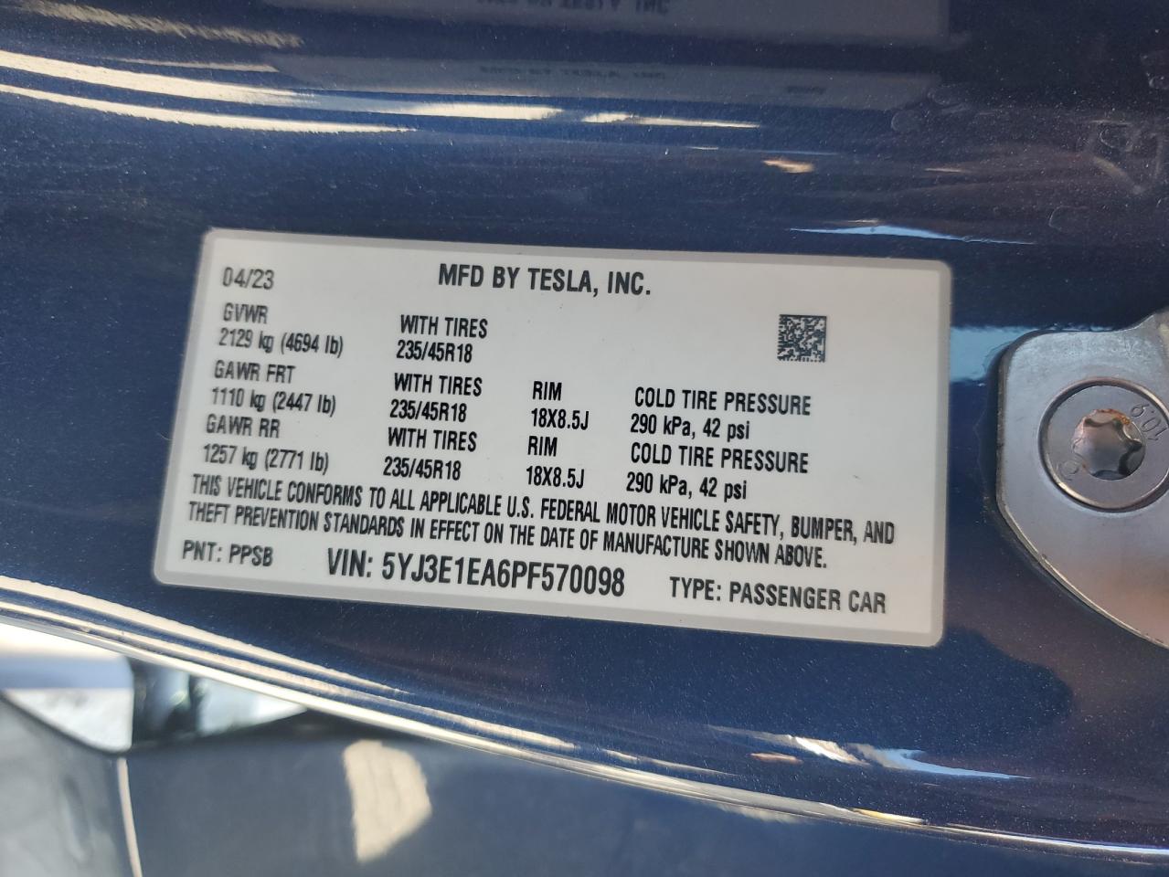 5YJ3E1EA6PF570098 2023 Tesla Model 3