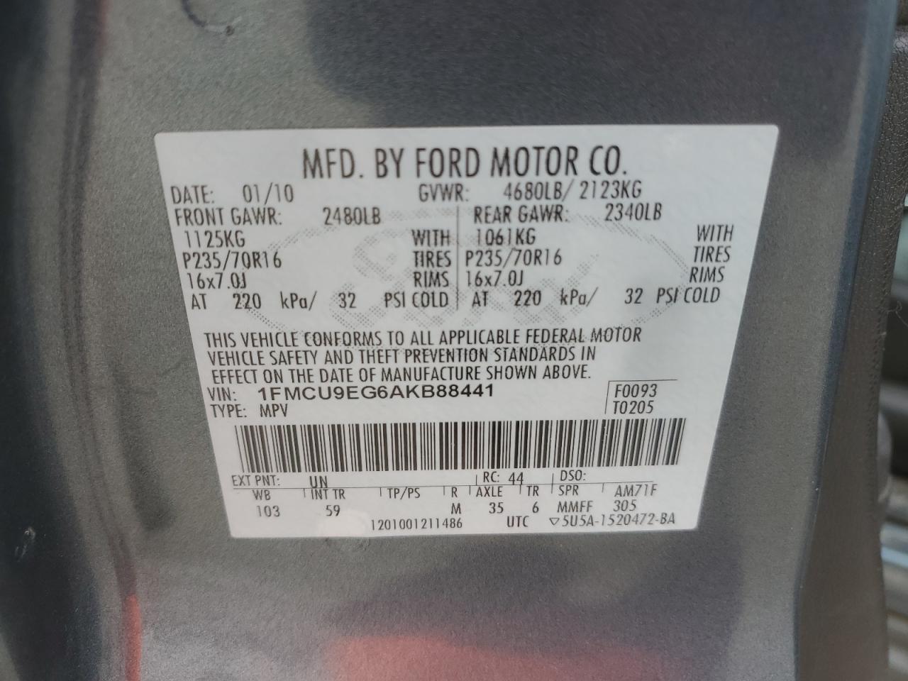 2010 Ford Escape Limited VIN: 1FMCU9EG6AKB88441 Lot: 76552454