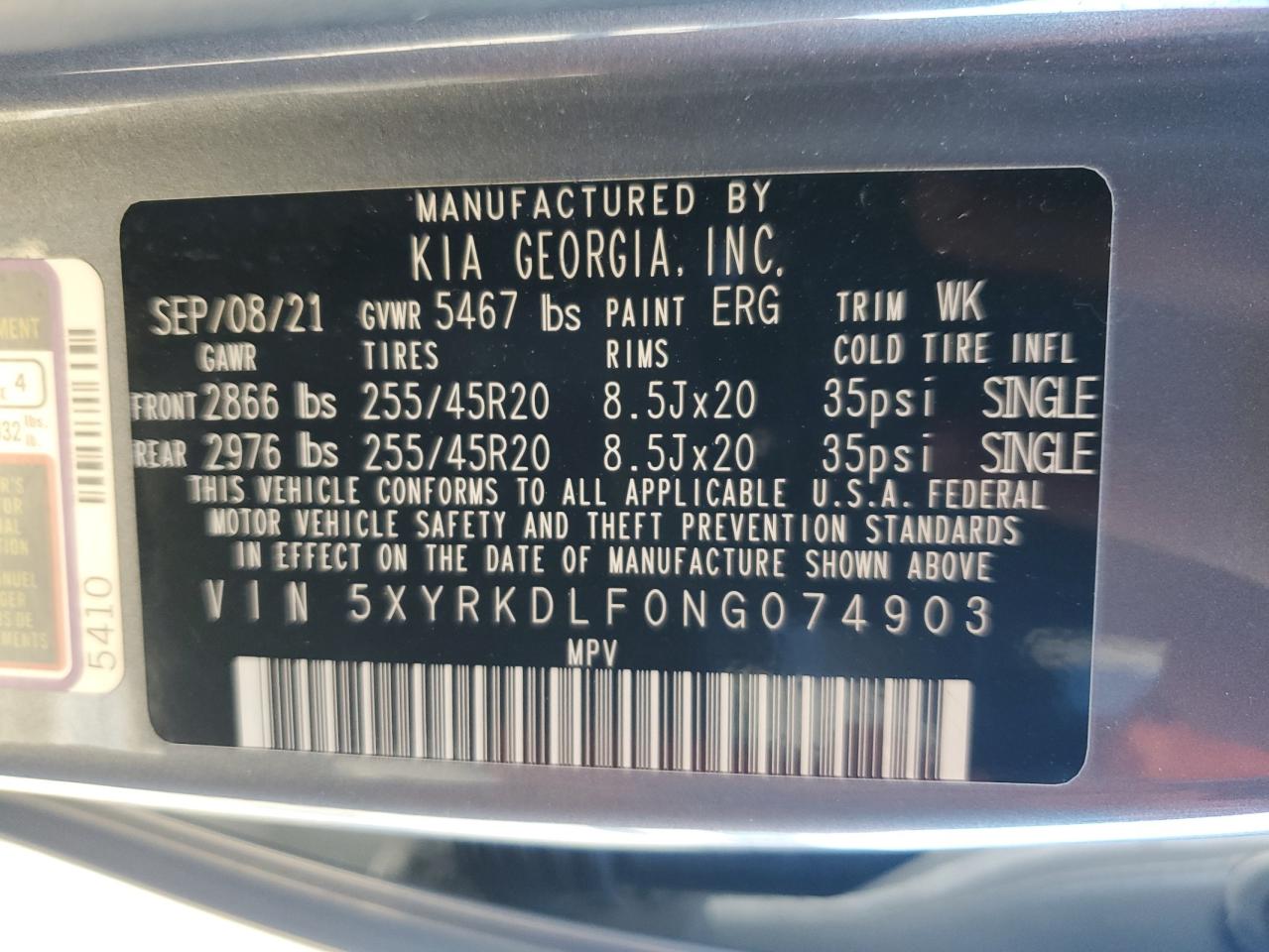 5XYRKDLF0NG074903 2022 Kia Sorento Sx