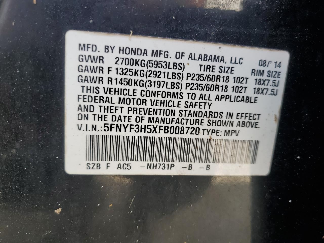 5FNYF3H5XFB008720 2015 Honda Pilot Exl