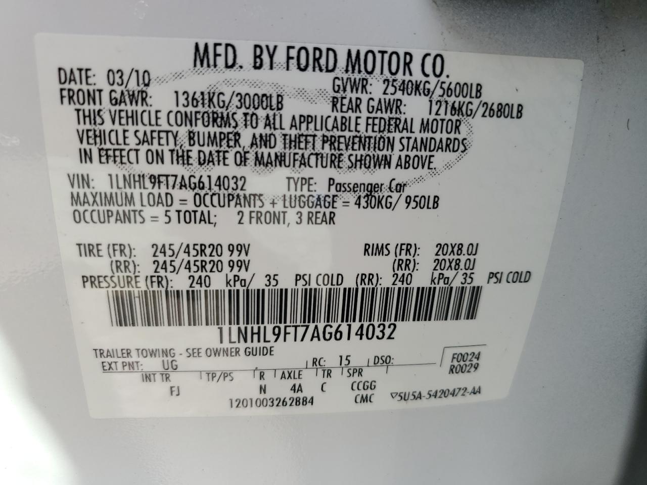 2010 Lincoln Mks VIN: 1LNHL9FT7AG614032 Lot: 74459464