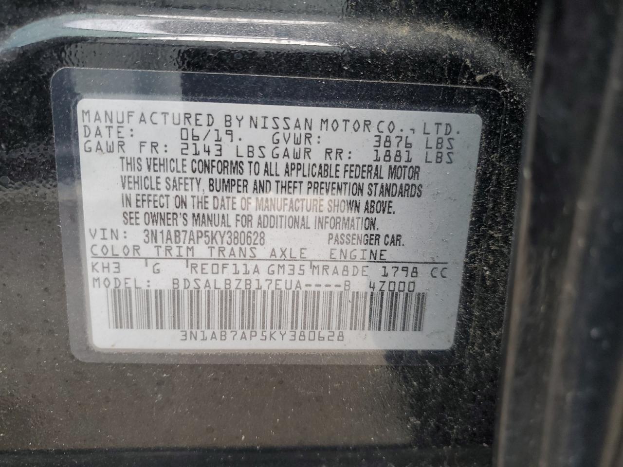 3N1AB7AP5KY380628 2019 Nissan Sentra S