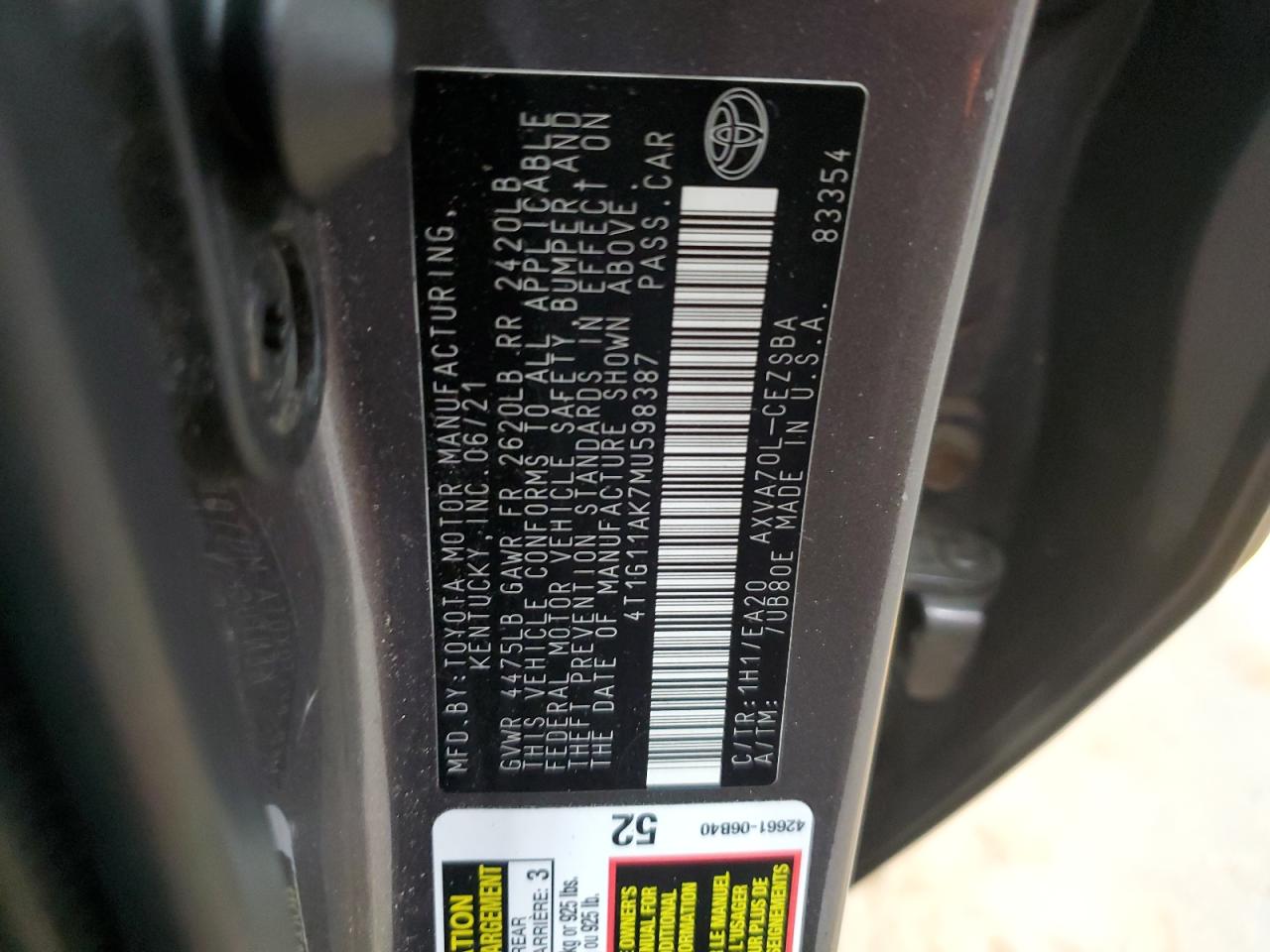 4T1G11AK7MU598387 2021 Toyota Camry Se