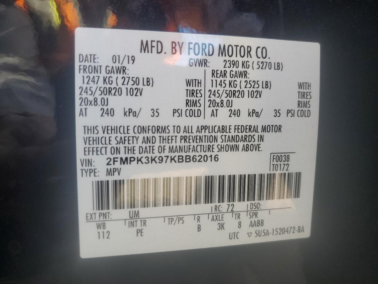 2019 Ford Edge Titanium VIN: 2FMPK3K97KBB62016 Lot: 77031854