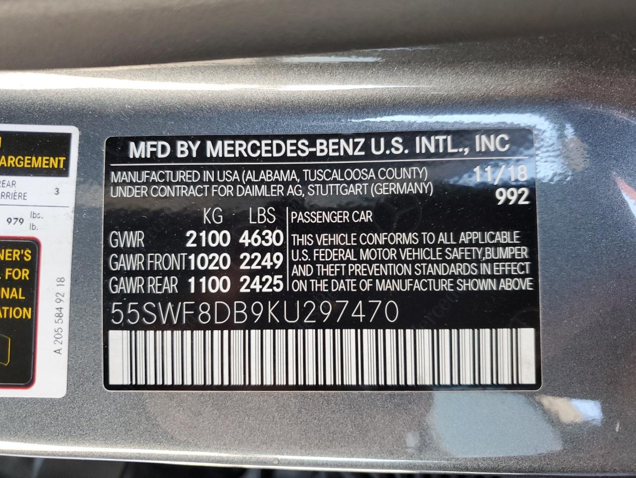 2019 Mercedes-Benz C 300 VIN: 55SWF8DB9KU297470 Lot: 74786604