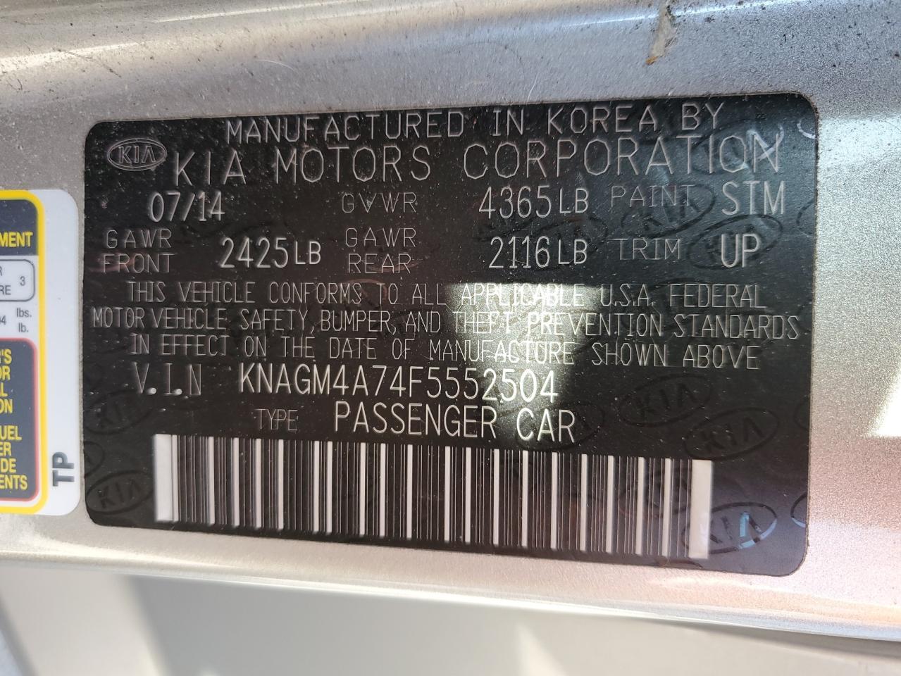 KNAGM4A74F5552504 2015 Kia Optima Lx