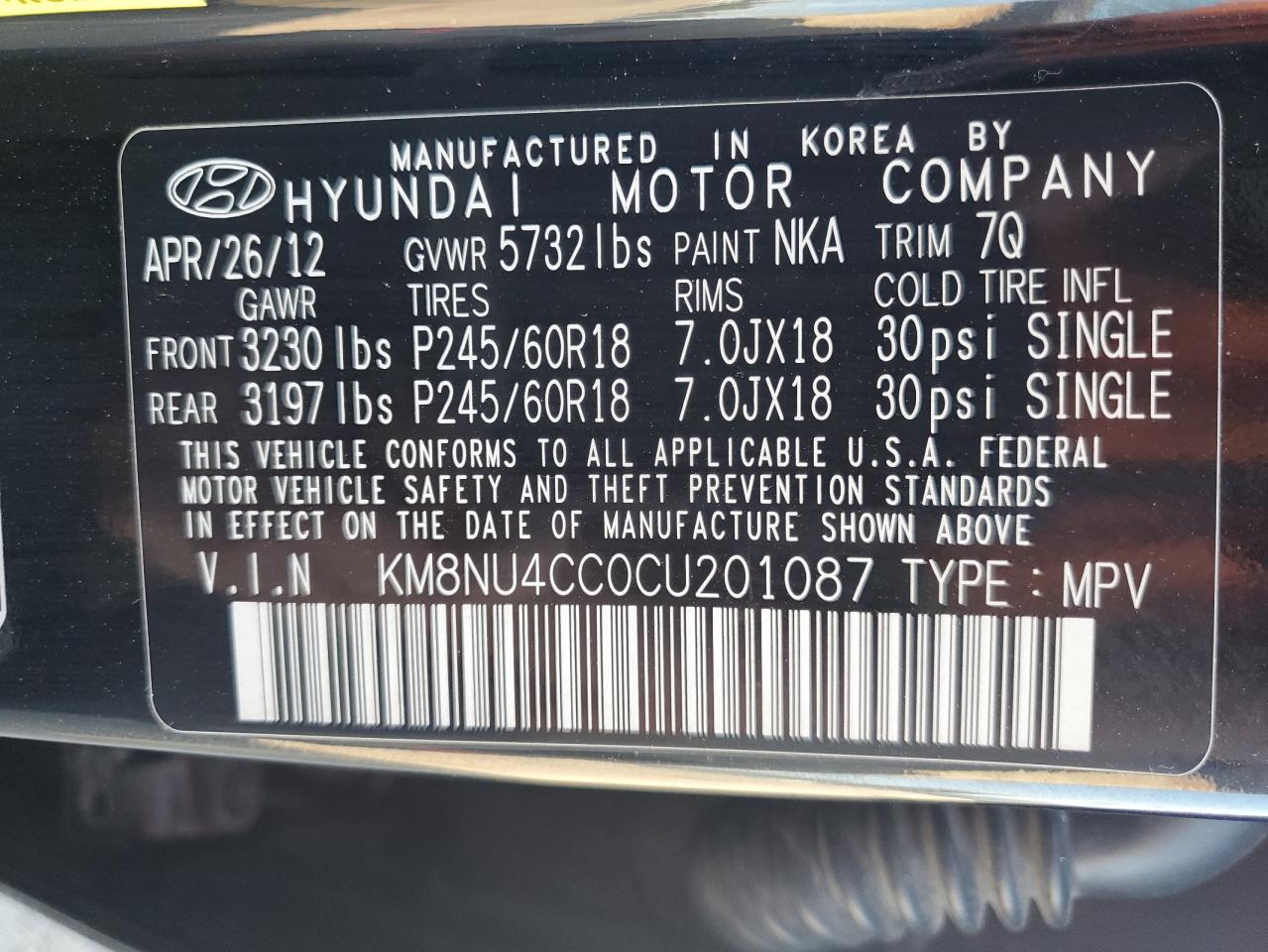 KM8NU4CC0CU201087 2012 Hyundai Veracruz Gls