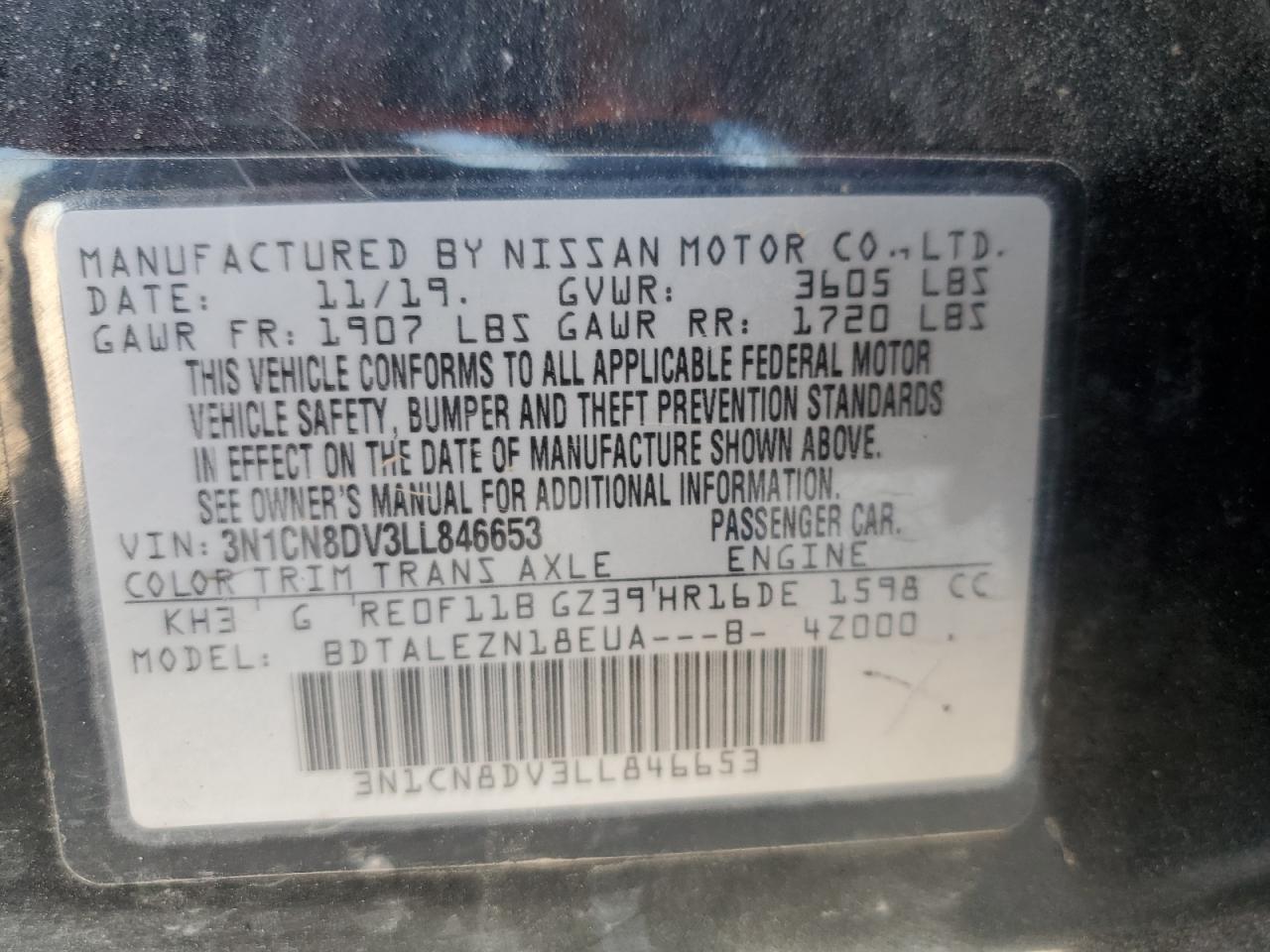 VIN 3N1CN8DV3LL846653 2020 NISSAN VERSA no.12