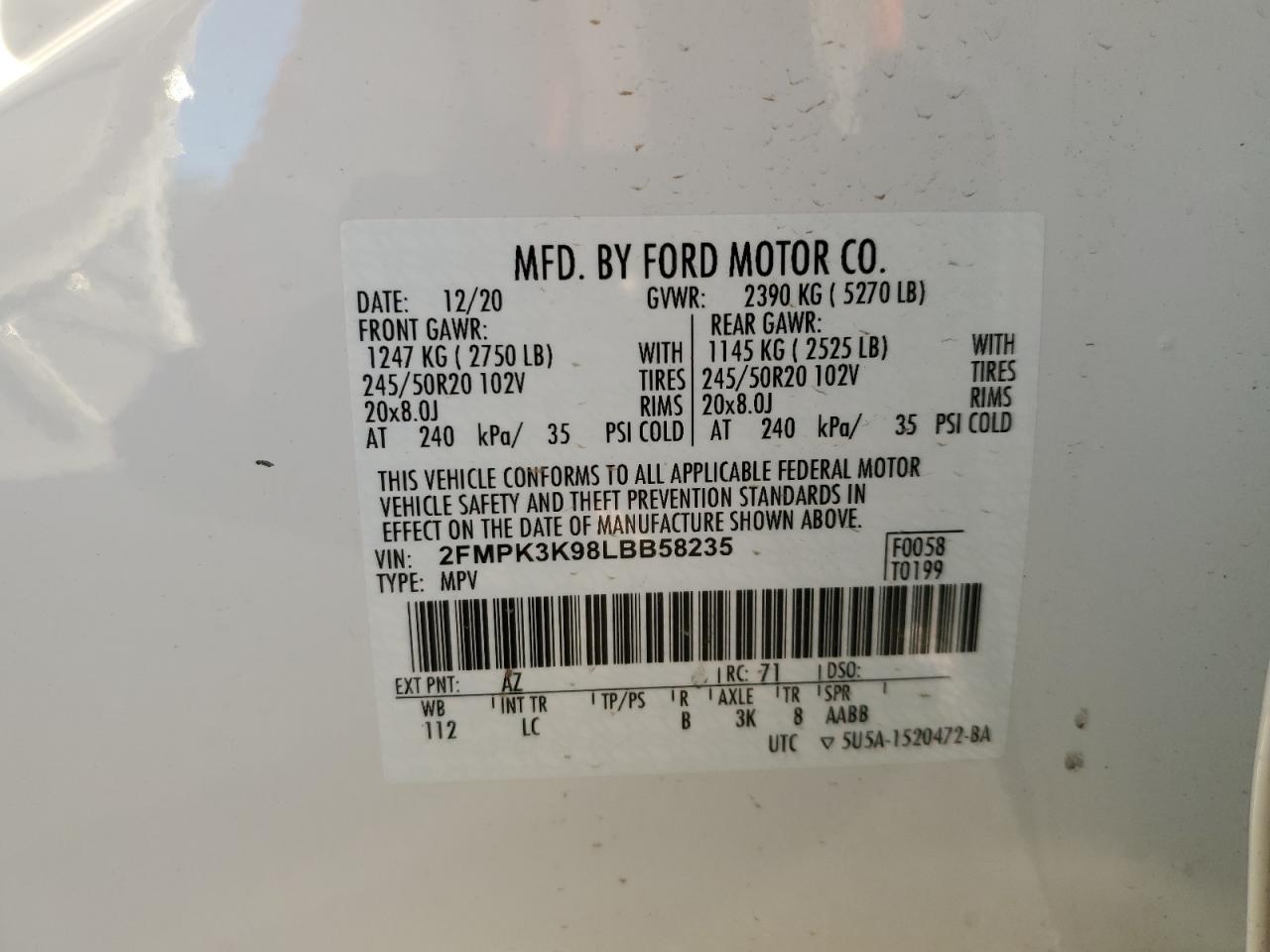 2020 Ford Edge Titanium VIN: 2FMPK3K98LBB58235 Lot: 76125804