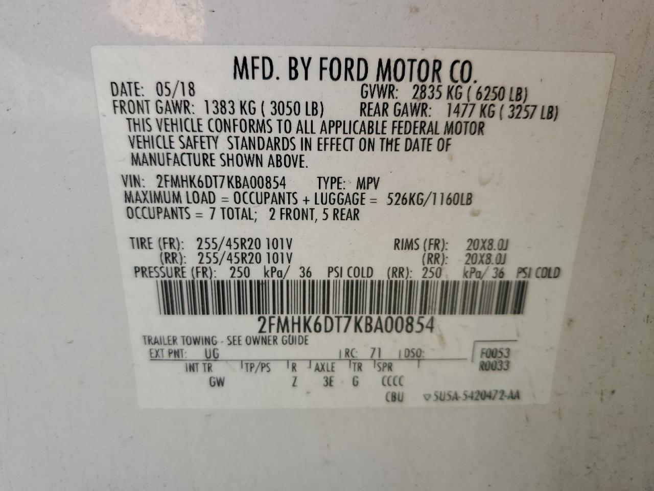 2FMHK6DT7KBA00854 2019 Ford Flex Limited