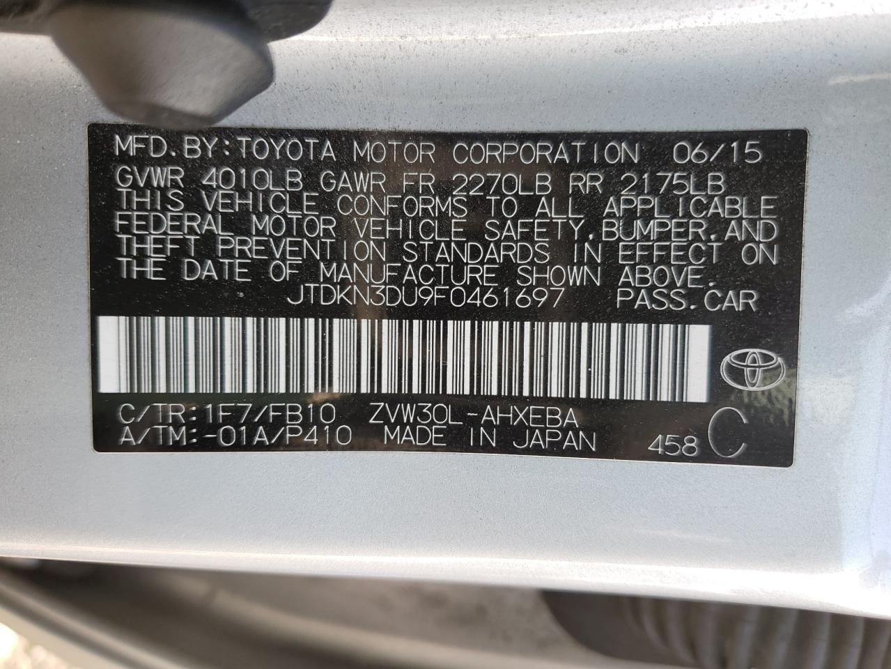 2015 Toyota Prius VIN: JTDKN3DU9F0461697 Lot: 75065484