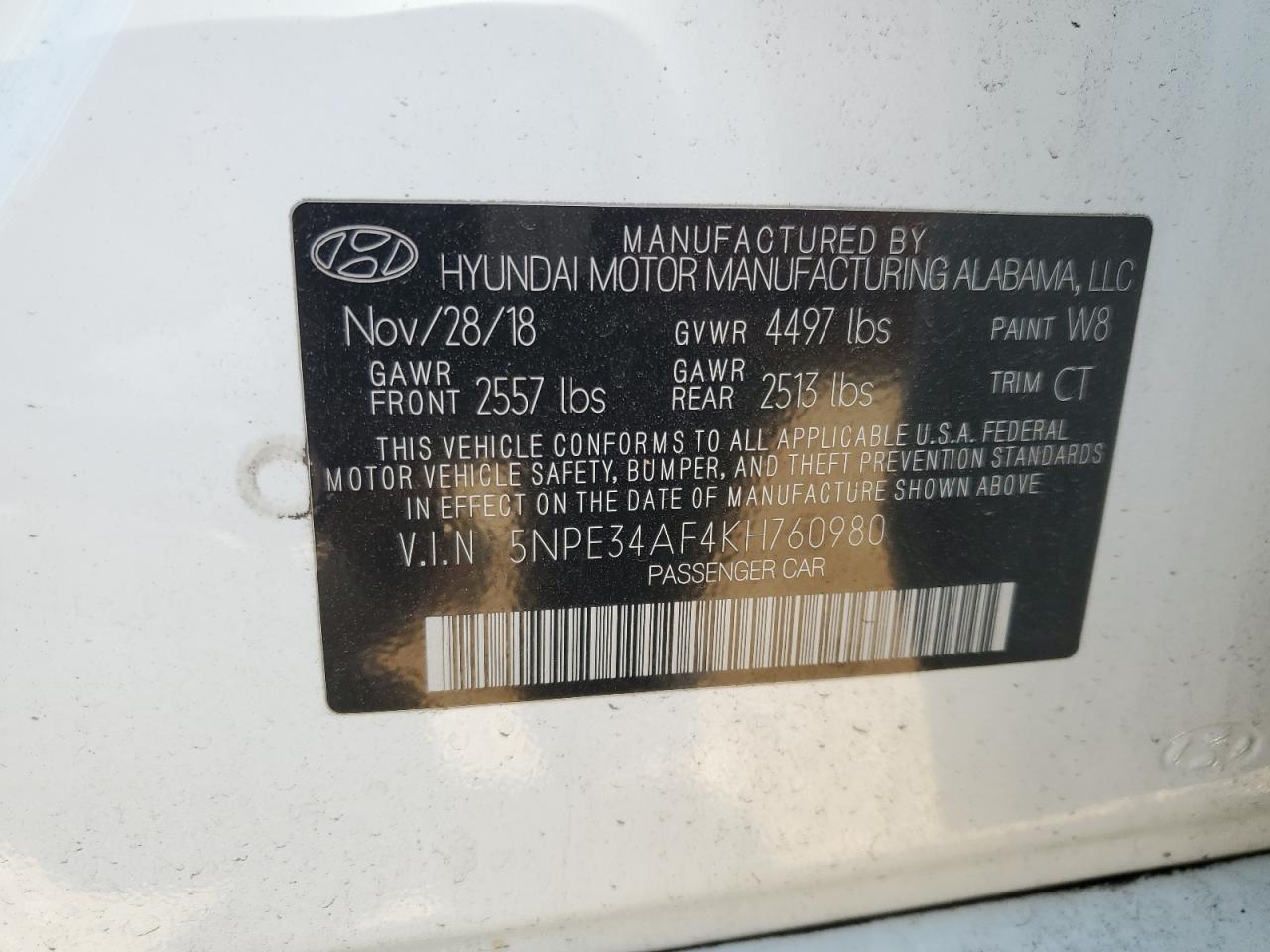 5NPE34AF4KH760980 2019 Hyundai Sonata Limited