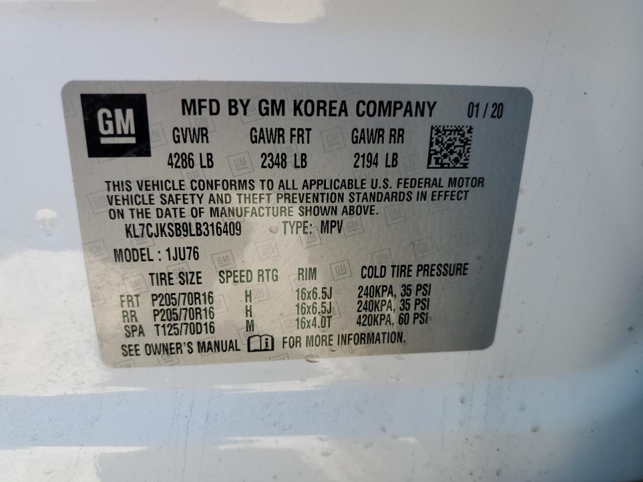 KL7CJKSB9LB316409 2020 Chevrolet Trax Ls