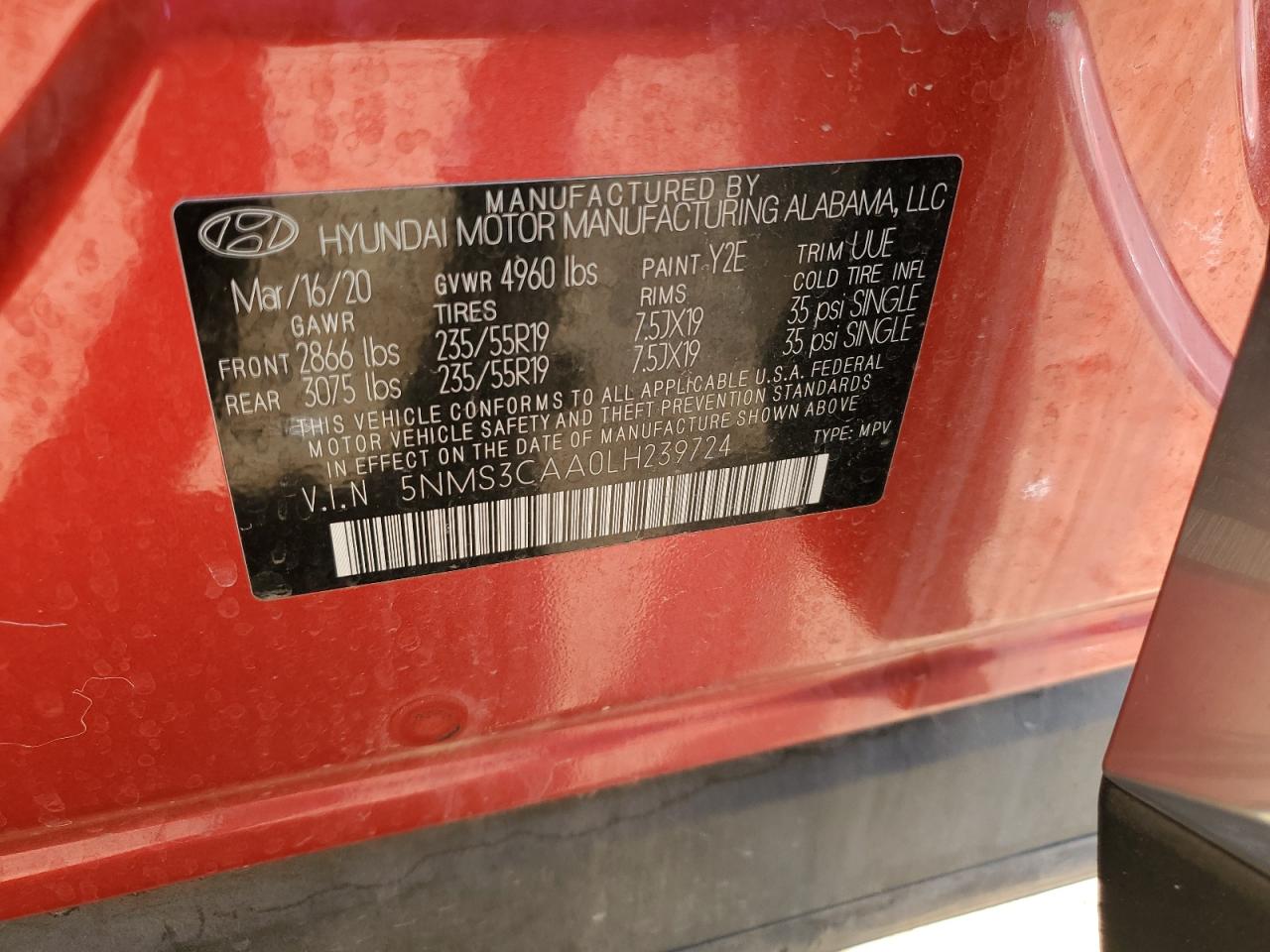 2020 Hyundai Santa Fe Sel VIN: 5NMS3CAA0LH239724 Lot: 73937714