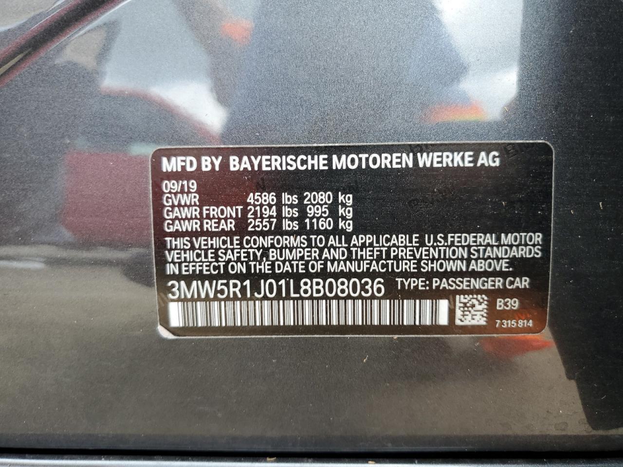 3MW5R1J01L8B08036 2020 BMW 330I